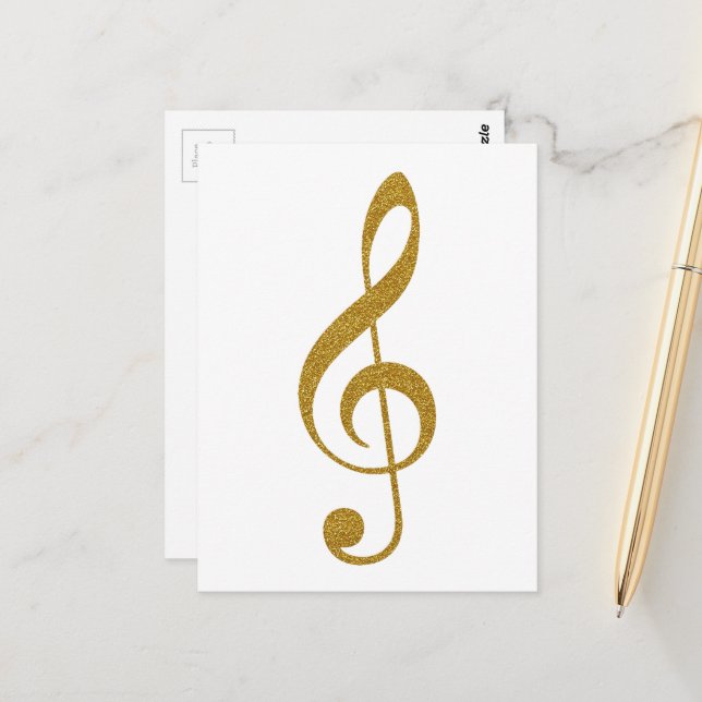Carte Postale Golden Treble Clef note musicale (Devant/Arrière en situation)