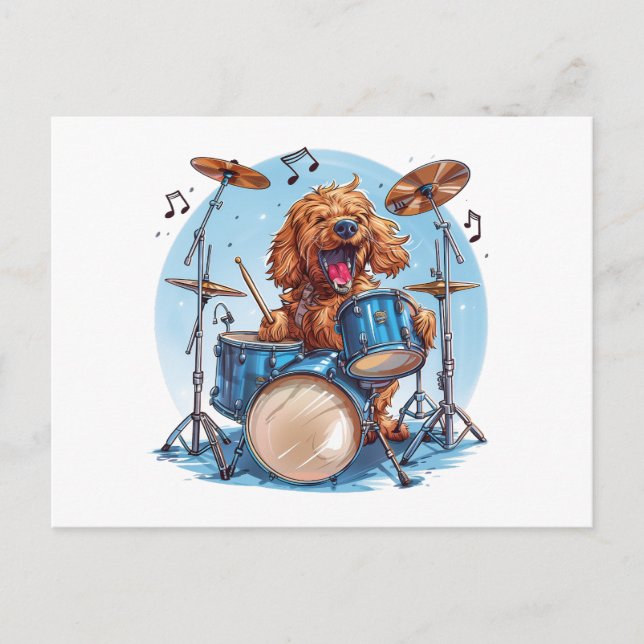 Carte Postale Goldendoodle Chien Jouant Des Tambons (Devant)