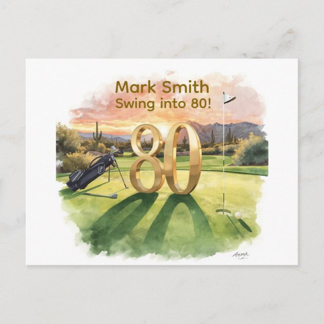 Carte Postale Golf 80th Birthday with Golf Cart on Putting Green (Devant)