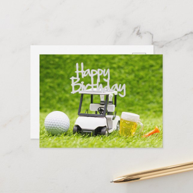 Carte Postale Golf Anniversaire avec voiturette de golf et bière (Devant/Arrière en situation)