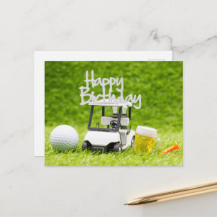 Carte Postale Golf Anniversaire avec voiturette de golf et bière