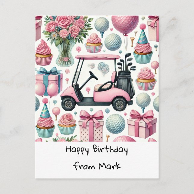 Carte Postale GOLF Anniversaire PINK thème pour femme golfeuse (Devant)