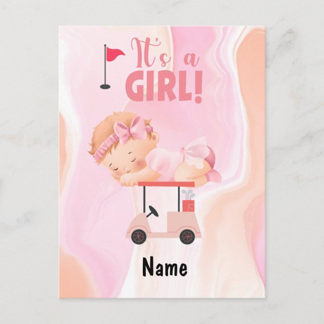 Carte Postale Golf Baby Girl sur voiturette de golf avec sac de  (Devant)