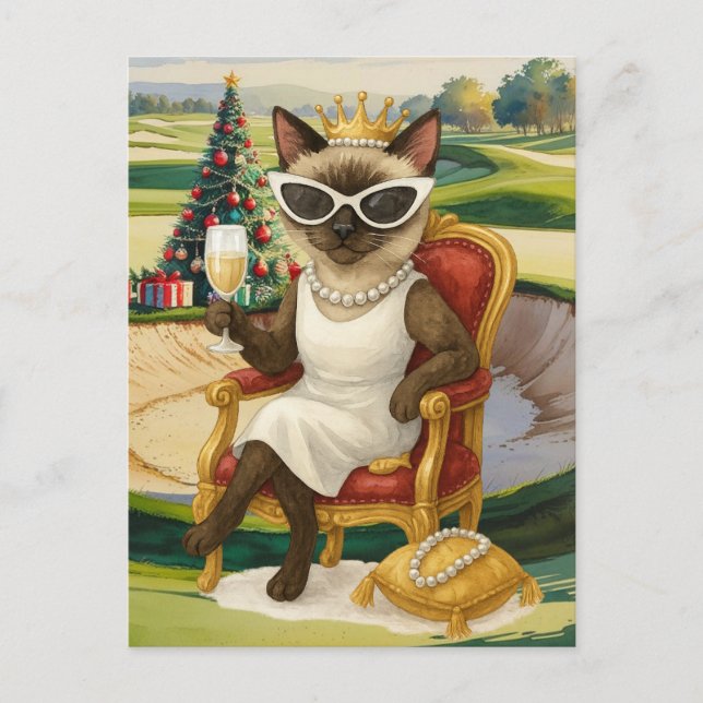 Carte Postale Golf Cat boit du vin dans Golf Course Christmas (Devant)