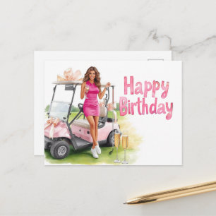 Carte Postale Golf d'anniversaire avec golfeuse et chariot rose