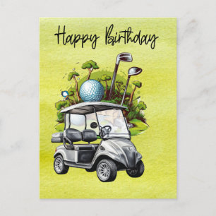 Carte Postale Golf d'anniversaire avec voiturette de golf aqua
