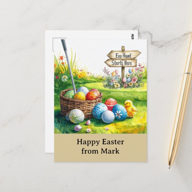 Carte Postale Golf Easter for golfer watercolor Spring (Devant/Arrière en situation)