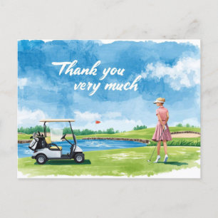 Carte Postale Golf femme golfer avec chariot sur vert