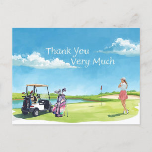 Carte Postale Golf femme golfer avec sac et voiturette de golf