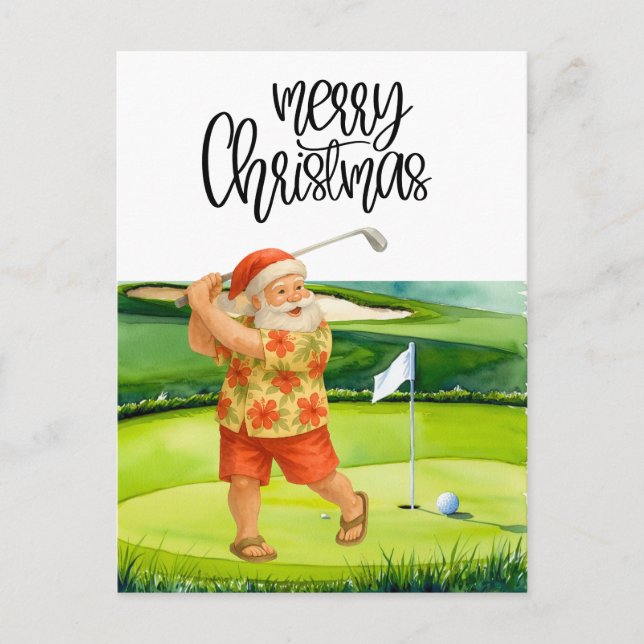 Carte Postale Golf Joyeux Noël avec le Père Noël au drapeau (Devant)