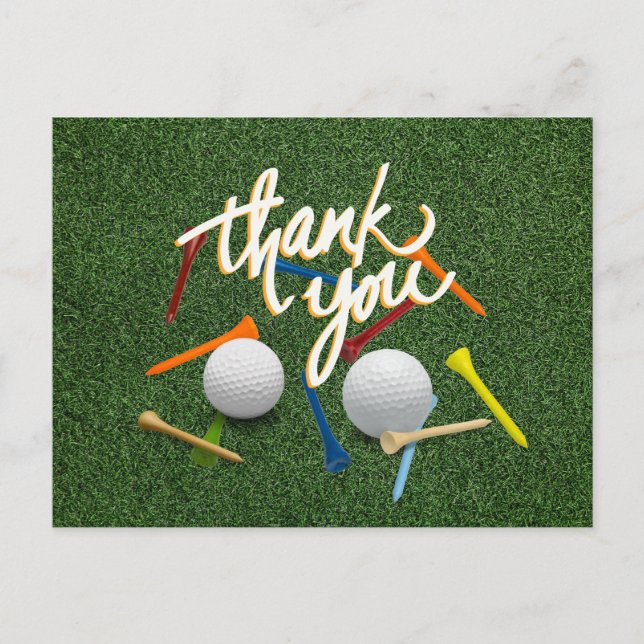 Carte Postale Golf Merci avec balle de golf et tees sur vert   (Devant)