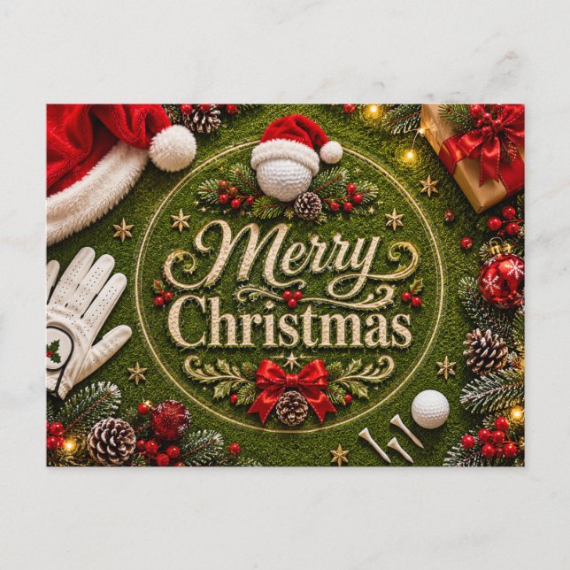 Carte Postale Golf Noël Vacances sur fond de gazon vert (Devant)