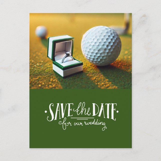 Carte Postale Golf Save the Date avec balle de golf et bague  (Devant)