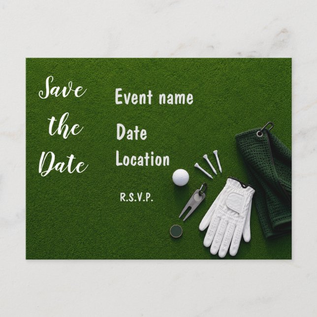 Carte Postale Golf Save the Date avec balles de golf sur gazon v (Devant)