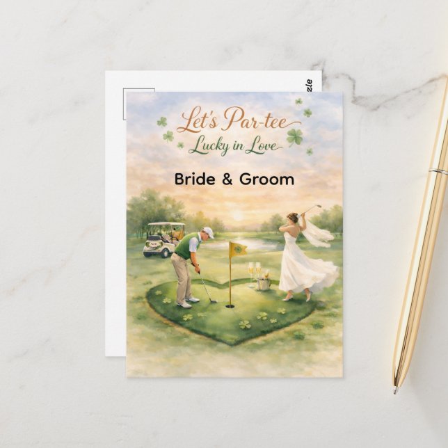 Carte Postale Golf Wedding Lucky in Love St. Patrick's Day theme (Devant/Arrière en situation)