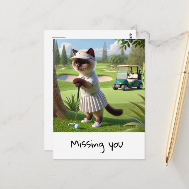 Carte Postale Golfer Cat vous manque (Devant/Arrière en situation)