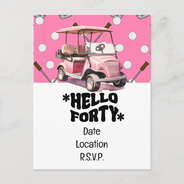 Carte Postale Golfeuse 40 ans avec chariot rose golfeuse (Devant)