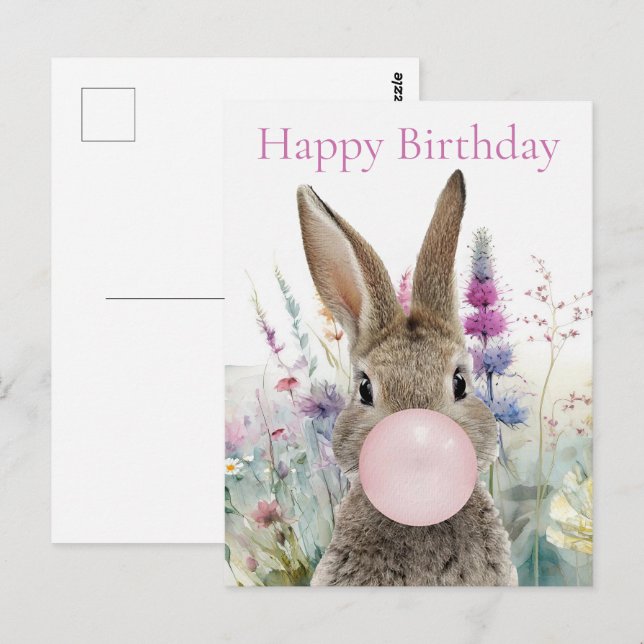 Carte Postale Gomme rose lapin Joyeux anniversaire (Devant / Derrière)