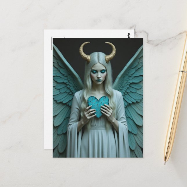 Carte Postale Good and Evil holding a turquoise heart  (Devant/Arrière en situation)