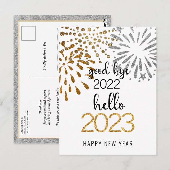Carte Postale Good Bye 2022 Hello 2023 Festive d'affaires Firewo (Devant / Derrière)