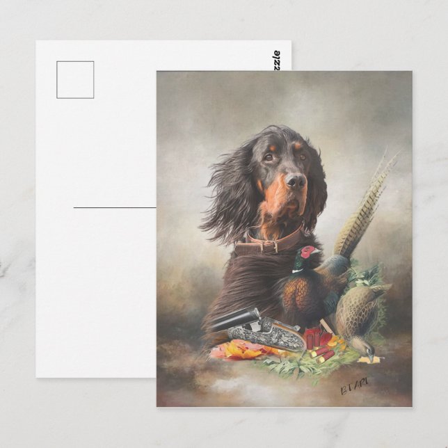 Carte Postale Gordon setter avec faisans, Art (Devant / Derrière)