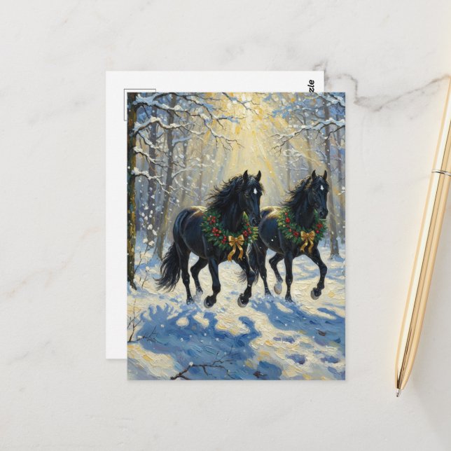 Carte Postale Gorgeous Black Horses Wreaths in Winter Woods (Devant/Arrière en situation)