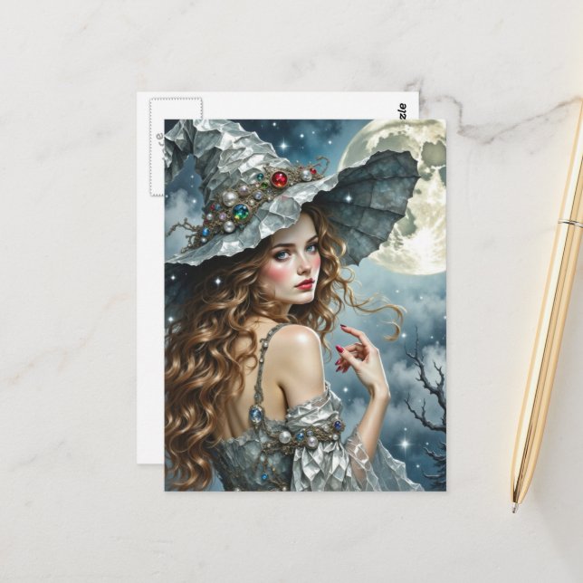 Carte Postale Gorgeous Witch in Silver Dress and Hat Full Moon (Devant/Arrière en situation)
