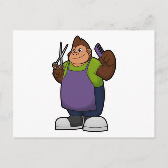 Carte Postale Gorille coiffeur avec ciseaux & peigne (Devant)