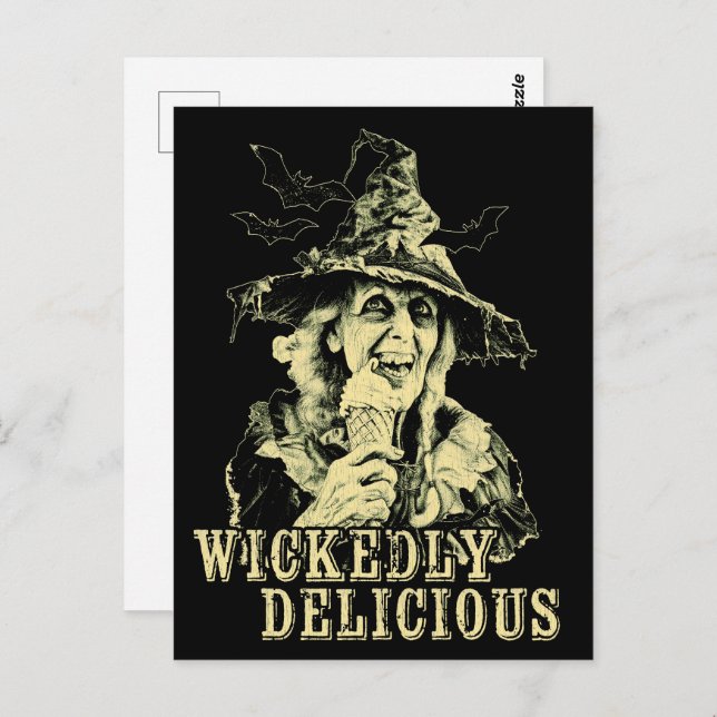 Carte Postale Goth été Éffrayante sorcière avec crème glacée (Devant / Derrière)