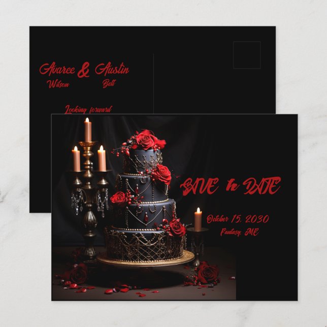 Carte Postale Goth Red Black Rose Mariage gâteau Enregistrer la  (Devant / Derrière)