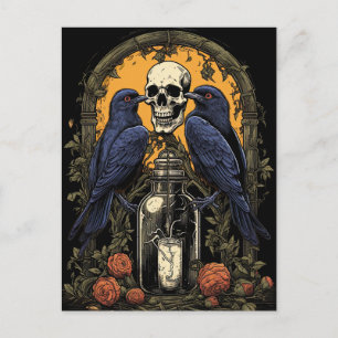 Carte Postale Goth Vintage Crâne de Squelette Corbeau Poison Hal
