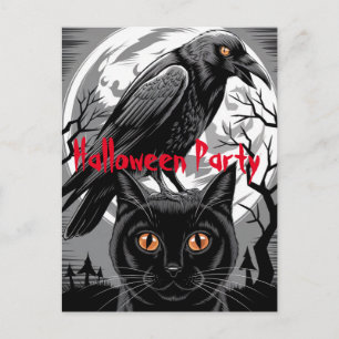 Carte Postale Gothique Black Crow & Cat Éffrayant Halloween Part