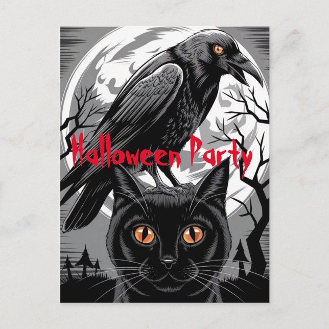 Carte Postale Gothique Black Crow & Cat Éffrayant Halloween Part (Devant)