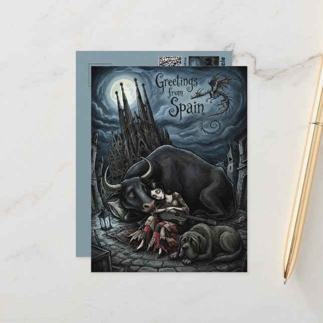 Carte postale gothique de salutations d'Espagne (Devant/Arrière en situation)