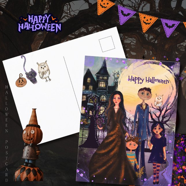 Carte postale gothique Haunted House Famille Hallo (Gothic Haunted House Family Halloween Postcard)
