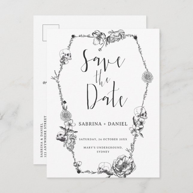 Carte Postale Gothique Main dessinée Fleurs Crâne Enregistrer la (Devant / Derrière)