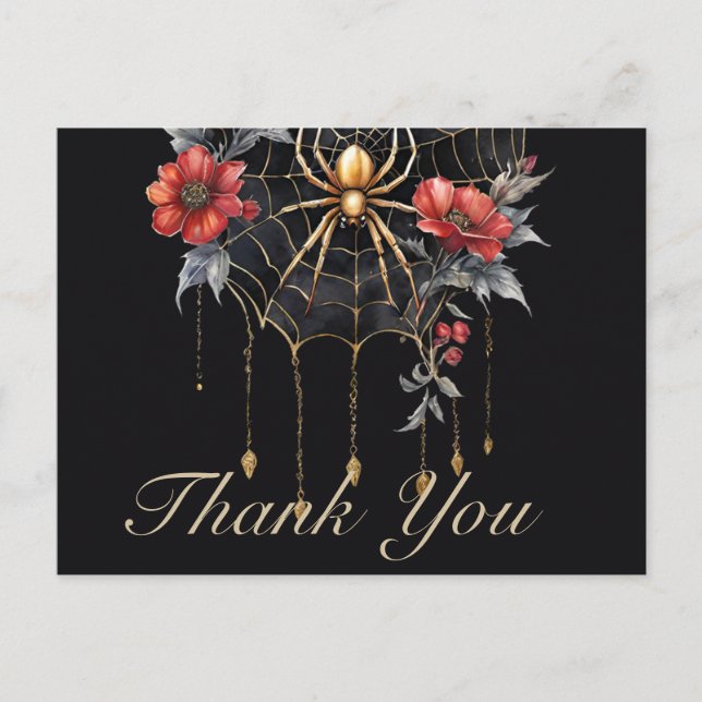 Carte Postale Gothique Rouge & Or Floral Spiderweb Merci (Devant)