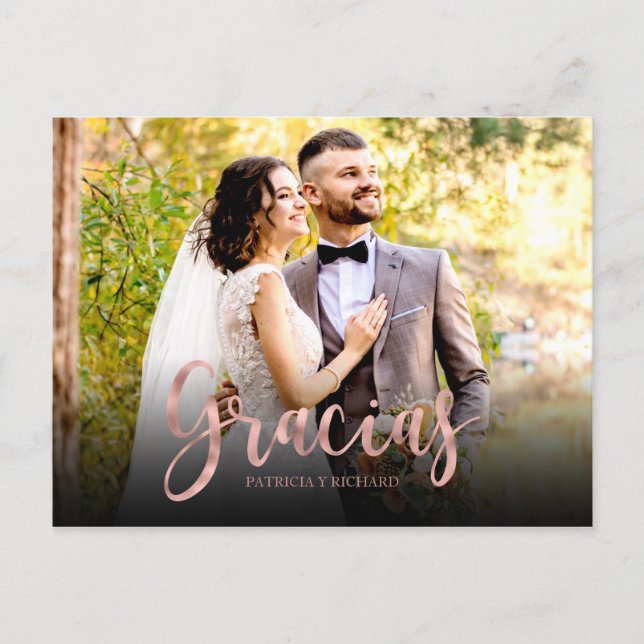 Carte Postale Gracias Rose Gold Photo Mariage espagnol Merci (Devant)