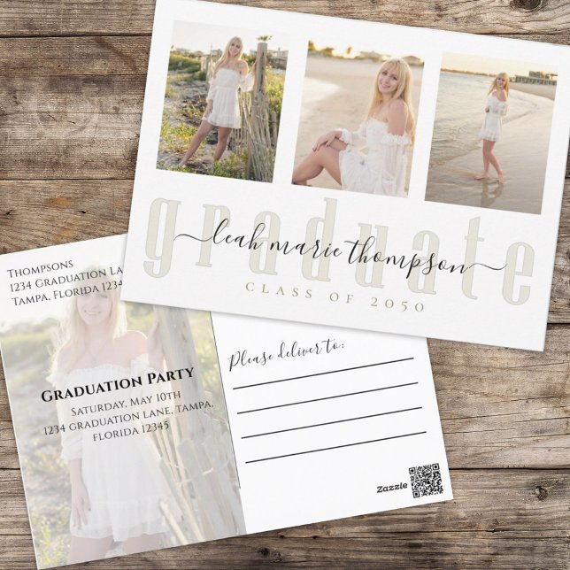 Carte Postale Graduate Gold Calligraphy Script Photo Collage (Graduation photo postcard with a two-photo template and gold calligraphy.)