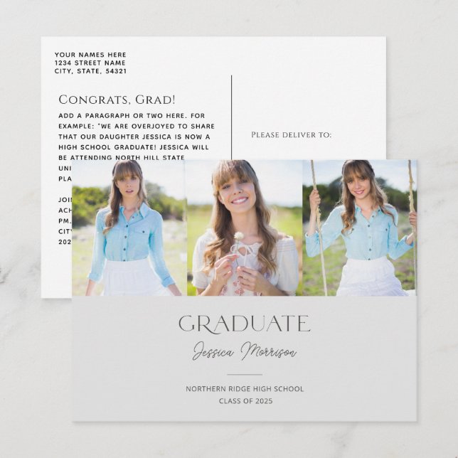 Carte Postale Graduate Gris Nom du script Multi Photo Graduate (Devant / Derrière)
