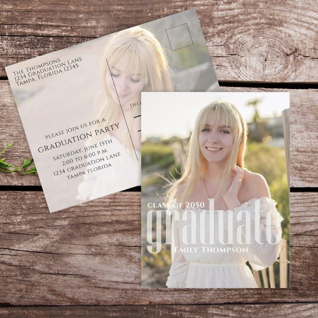 Carte Postale Graduate Minimalist Simple Modern Two Photo (Elegant Graduation photo invitation postcard with a 2-photo template. )