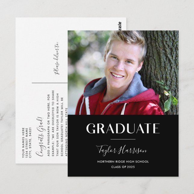 Carte Postale Graduate moderne Black & White Graduation Party (Devant / Derrière)