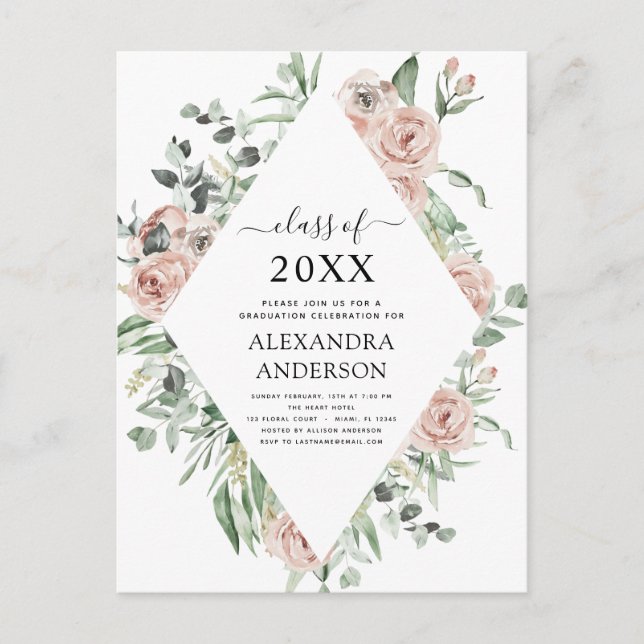 Carte Postale Graduation 2022 Dusty rose floral vert Invitat (Devant)