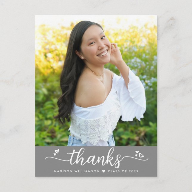 Carte Postale Graduation Gris Photo Script Chic Coeurs Merci (Devant)