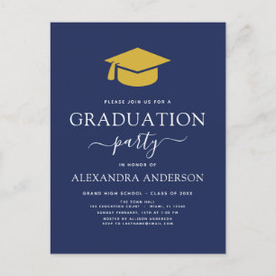 Carte Postale Graduation Party 2022 Marine Blue Gold Elegant Inv