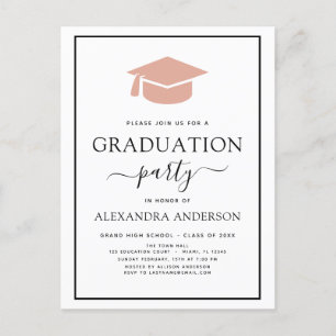 Carte Postale Graduation Party 2022 rose Elégant noir noir blanc