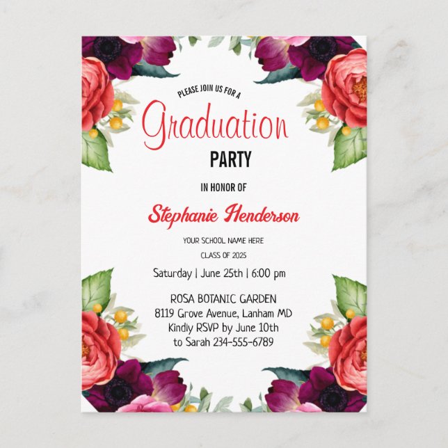 Carte Postale Graduation Party 2025 Girly Blush rose Floral (Devant)
