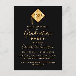 Carte Postale Graduation party sur l'invitation en or noir