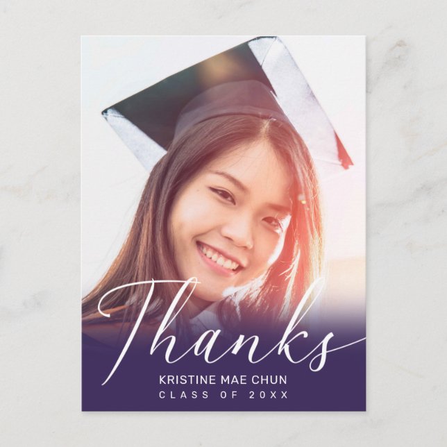 Carte Postale Graduation Photo Modern Script Purple Thank You (Devant)