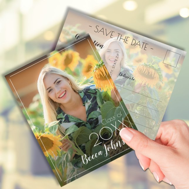 Carte Postale Graduation photo moderne Enregistrer la date (Photo graduation Save the Date postcards feature your details on the back)